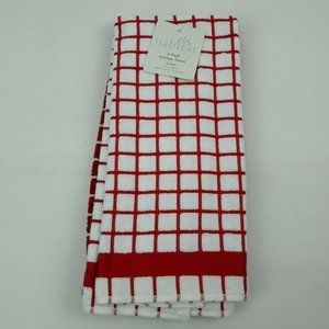 Habitat Red White Kitchen Hand Towel 2 Pack Set Windowpane Cotton 16" x 28"